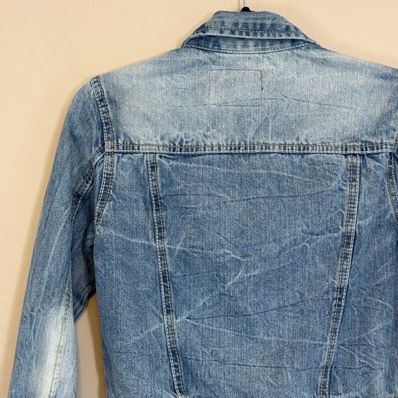 Amethyst Jeans Cropped Jacket Womens M Blue Denim Distressed Button Y2K Trucker - Picture 3 of 6